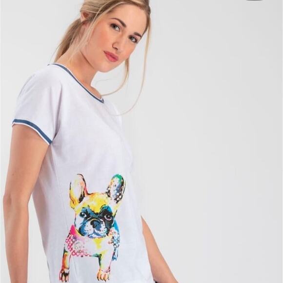 Orly Colorful French Bulldog Print Crew Neck‎ T-Shirt White Women's Medium - Picture 1 of 5
